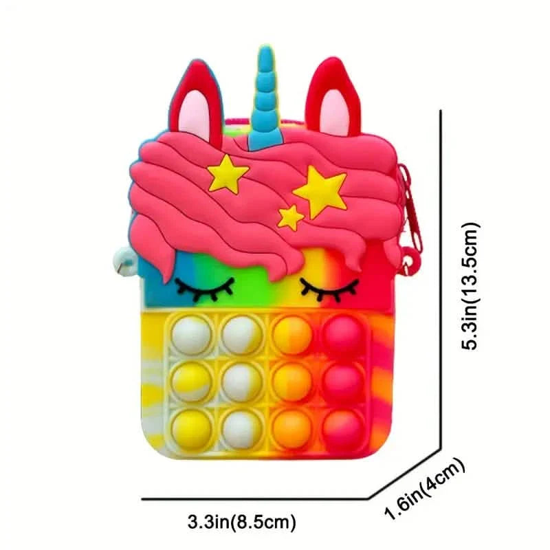 Pop Fidget Shoulder Bag | Wearable Sensory Toy Backpack for Kids in bright unicorn design with rainbow colors, pop bubble fidget toy, and zipper closure for calming sensory play.