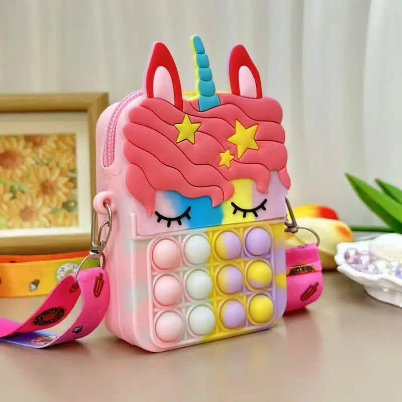 Pop Fidget Shoulder Bag | Wearable Sensory Toy Backpack for Kids featuring a colorful unicorn design with soft popping bubbles for sensory and calming play.