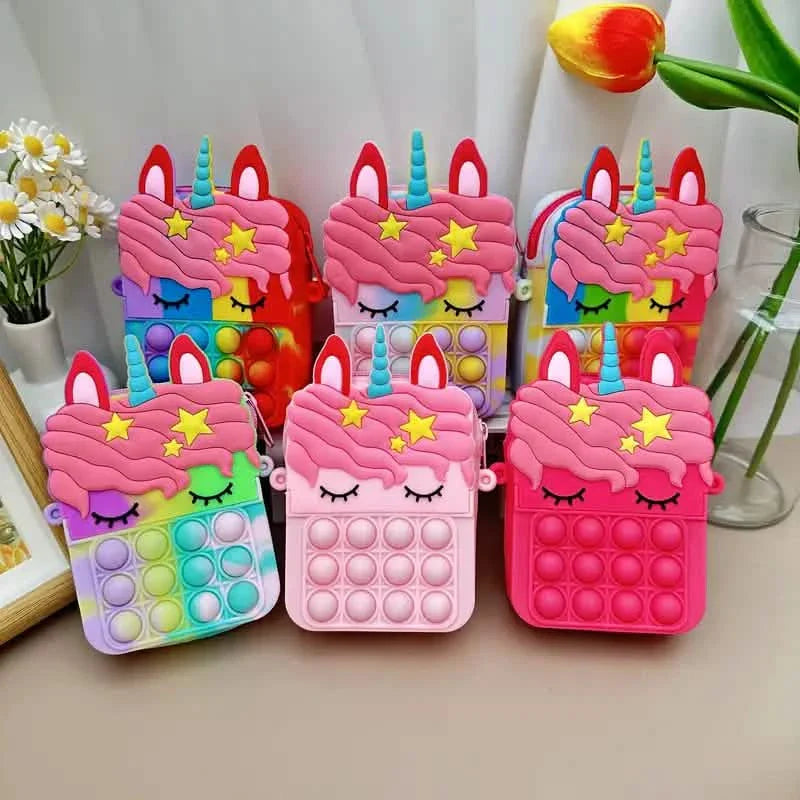 Pop Fidget Shoulder Bag | Wearable Sensory Toy Backpack for Kids featuring colorful unicorn designs with soft pop fidget bubbles, ideal for calming and fine motor skill development.