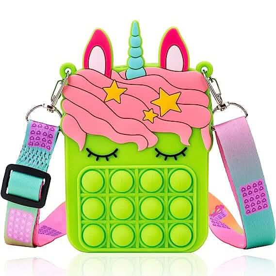 Pop Fidget Shoulder Bag | Wearable Sensory Toy Backpack for Kids shaped like a green unicorn with pink mane and stars, featuring a pop bubble fidget toy and colorful adjustable straps.