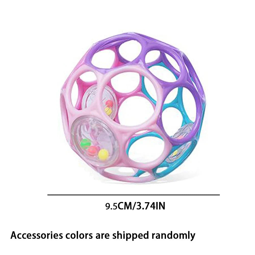 JahBri Soft Baby Grasping Rattle Ball – Sensory Toy for 0-24 Months in pastel purple, pink, and blue with easy-to-grip holes and internal beads that create gentle rattling sounds to encourage fine motor skills and sensory play.